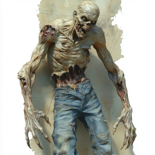 A decayed zombie emerges from a cracked wall wearing tattered jeans, with exposed bones and rotting flesh.