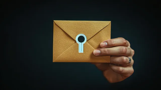 A hand holds a sealed brown envelope with a keyhole sticker on a dark background.