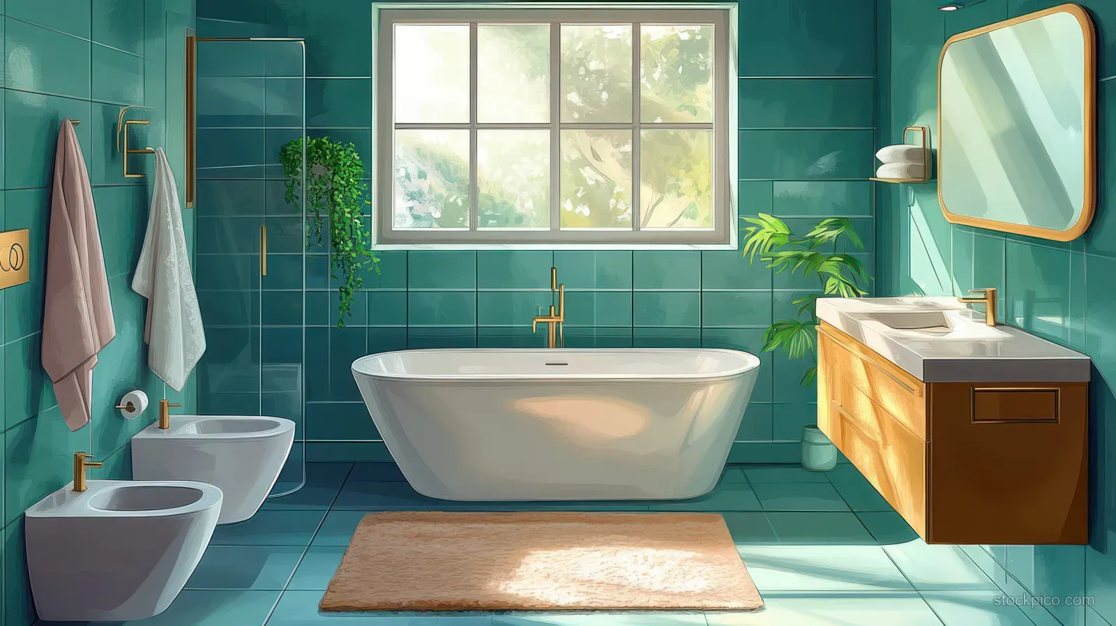 Flat-style contemporary bathroom interior with a bathtub, double sink vanity, teal tiles, gold mirror, and window light.