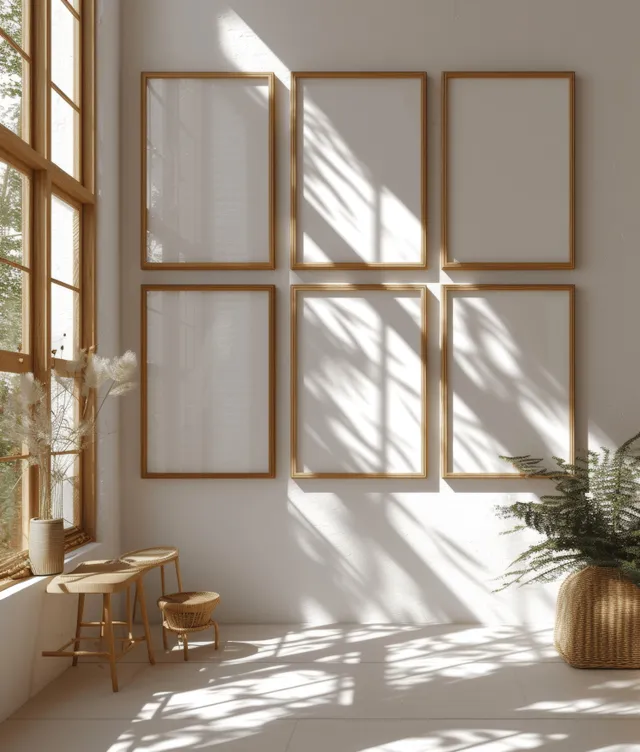 Six blank white canvases in wooden frames are displayed on a wall with sunlight casting geometric shadows.
