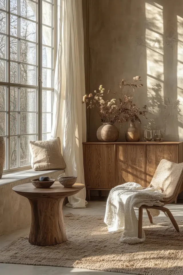 Sunlit Scandinavian living room with a wooden sideboard, linen cushions, and soft shadows from large windows.