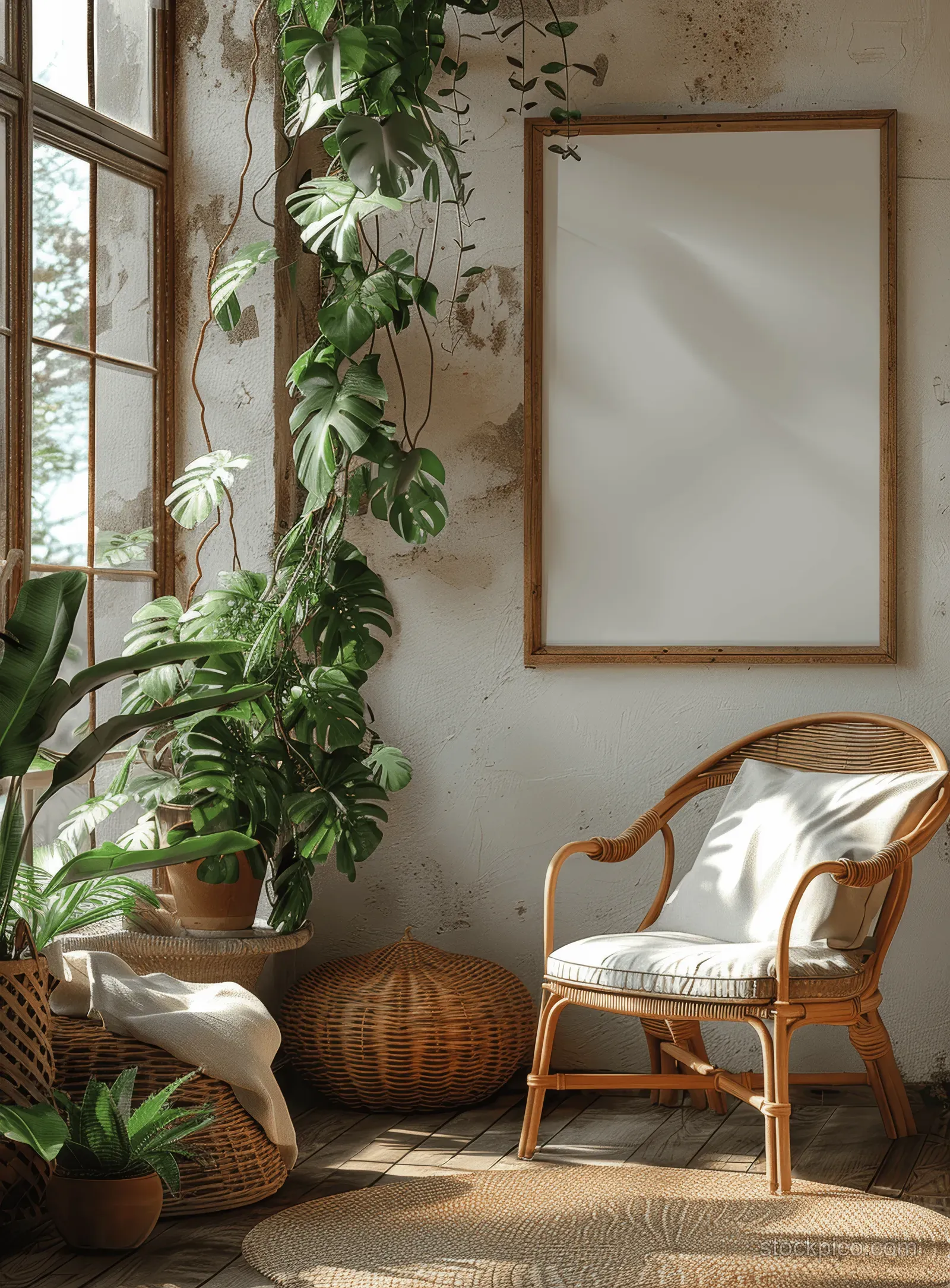 Blank poster frame mounted on a wall next to a wicker chair, potted plants, and natural wood details.