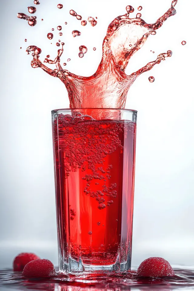 Cherry Juice Splashing in Glass with Flying Drops on White