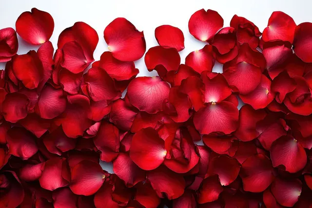 Vibrant red rose petals are scattered organically on a clean white background, creating a romantic minimalist composition.