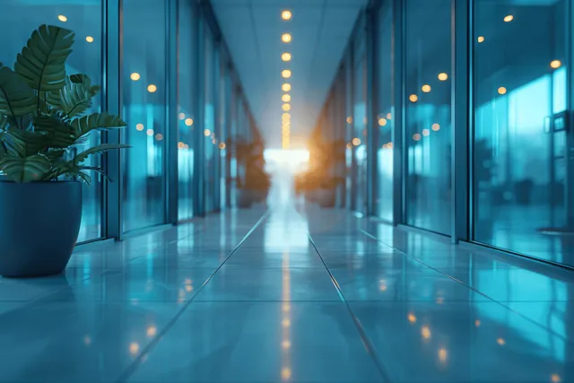Blurred office hallway with glass walls and glowing blue light stretching toward the far end.