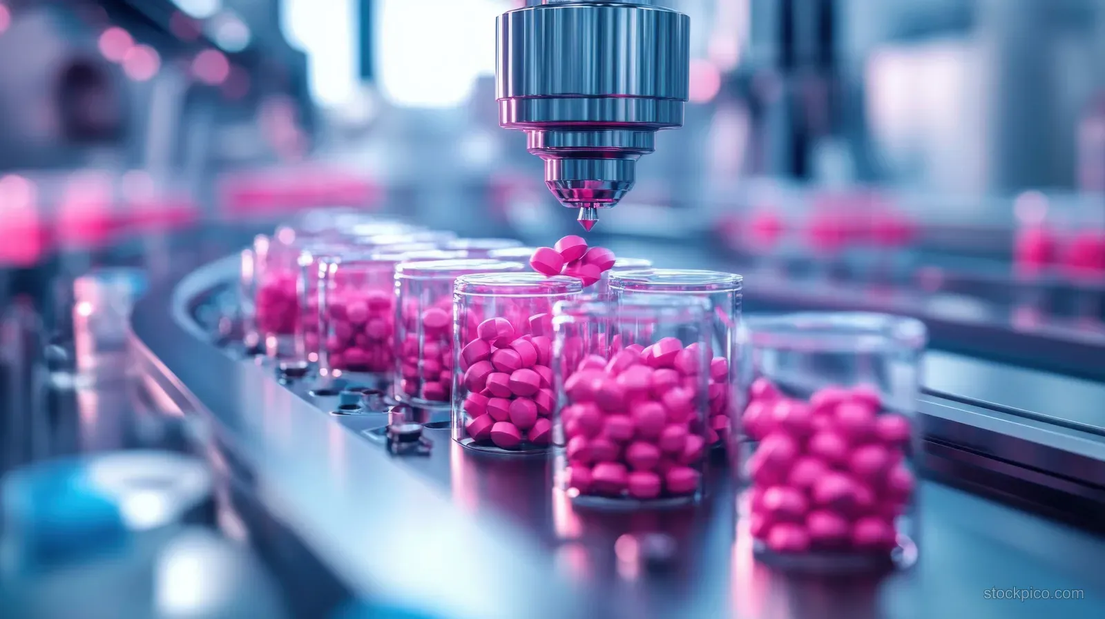 A robotic nozzle dispenses pink tablets into clear glass vials on an automated pharmaceutical line.