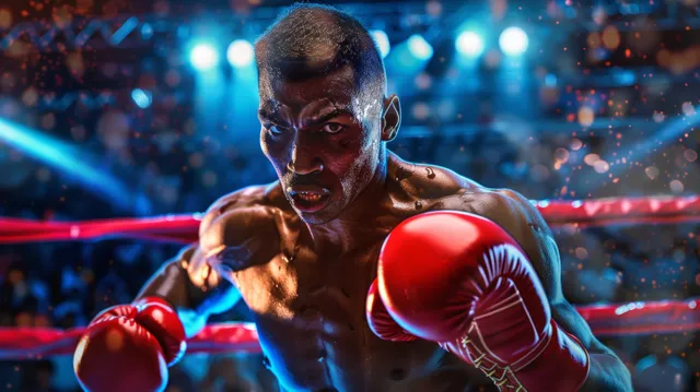 Cuban welterweight boxer in red gloves throws a punch in a boxing ring under blue lights with spectators behind.