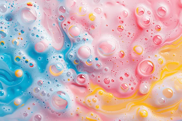 Pastel soapy foam bubbles swirling across a closeup bath cleaning background