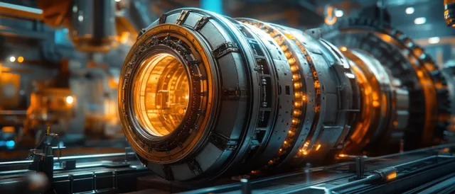 Turbo generator engine with a glowing turbine rotor in a high-tech factory production hall.