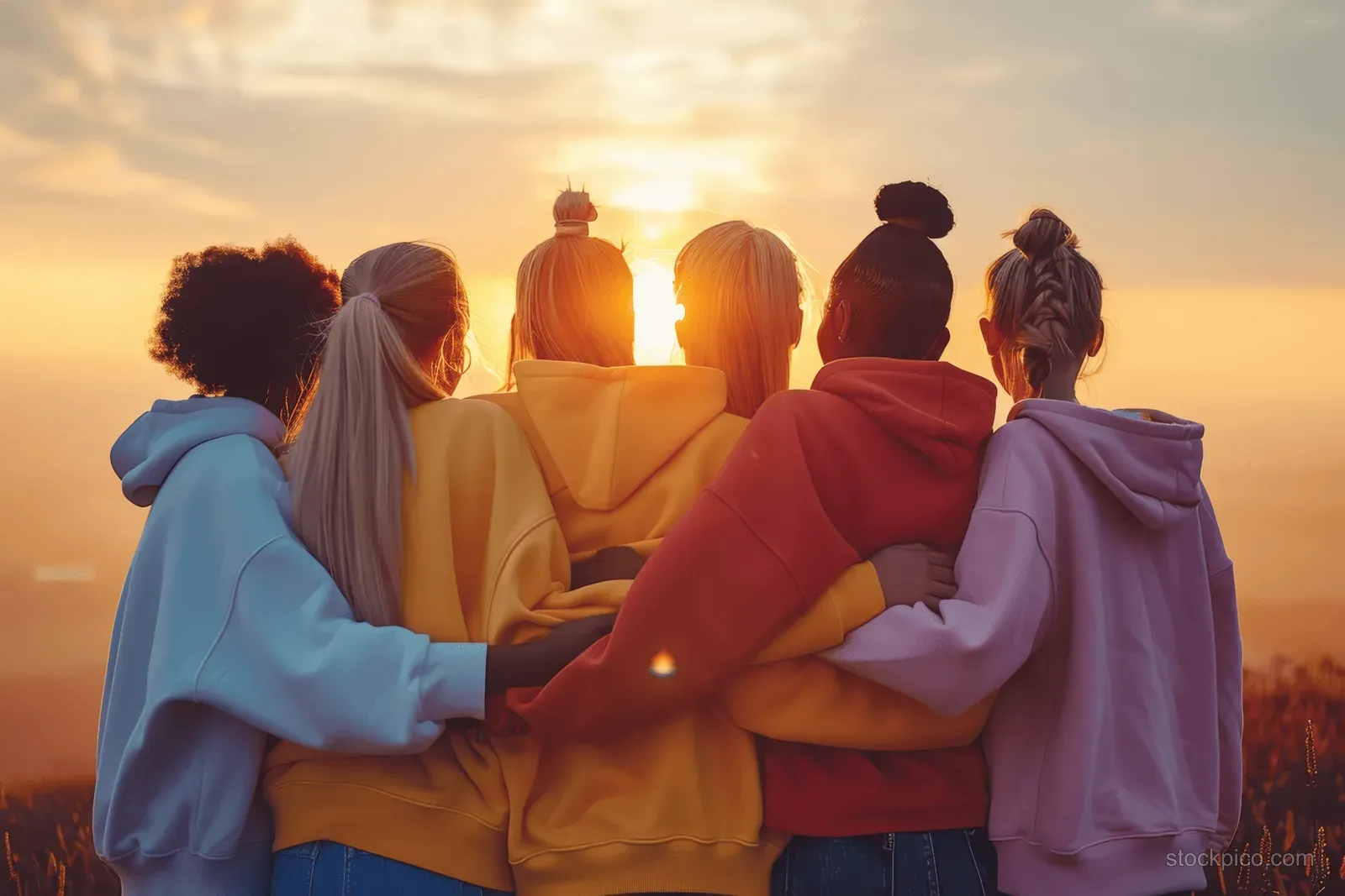 Friends in colorful hoodies hug together at sunset with warm golden backlight behind them.