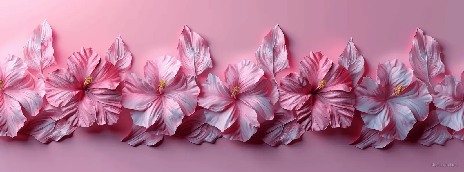 Pink paper flowers arranged in a row on a soft pastel gradient background.