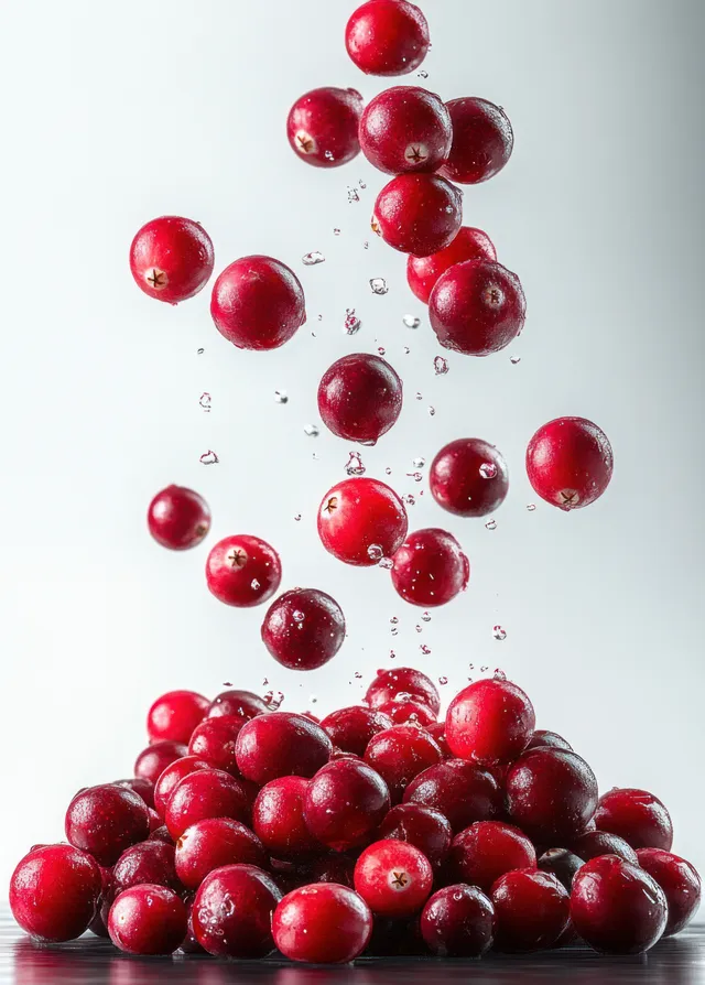 Red cranberries splash in midair above a pile, water droplets captured on reflective surface