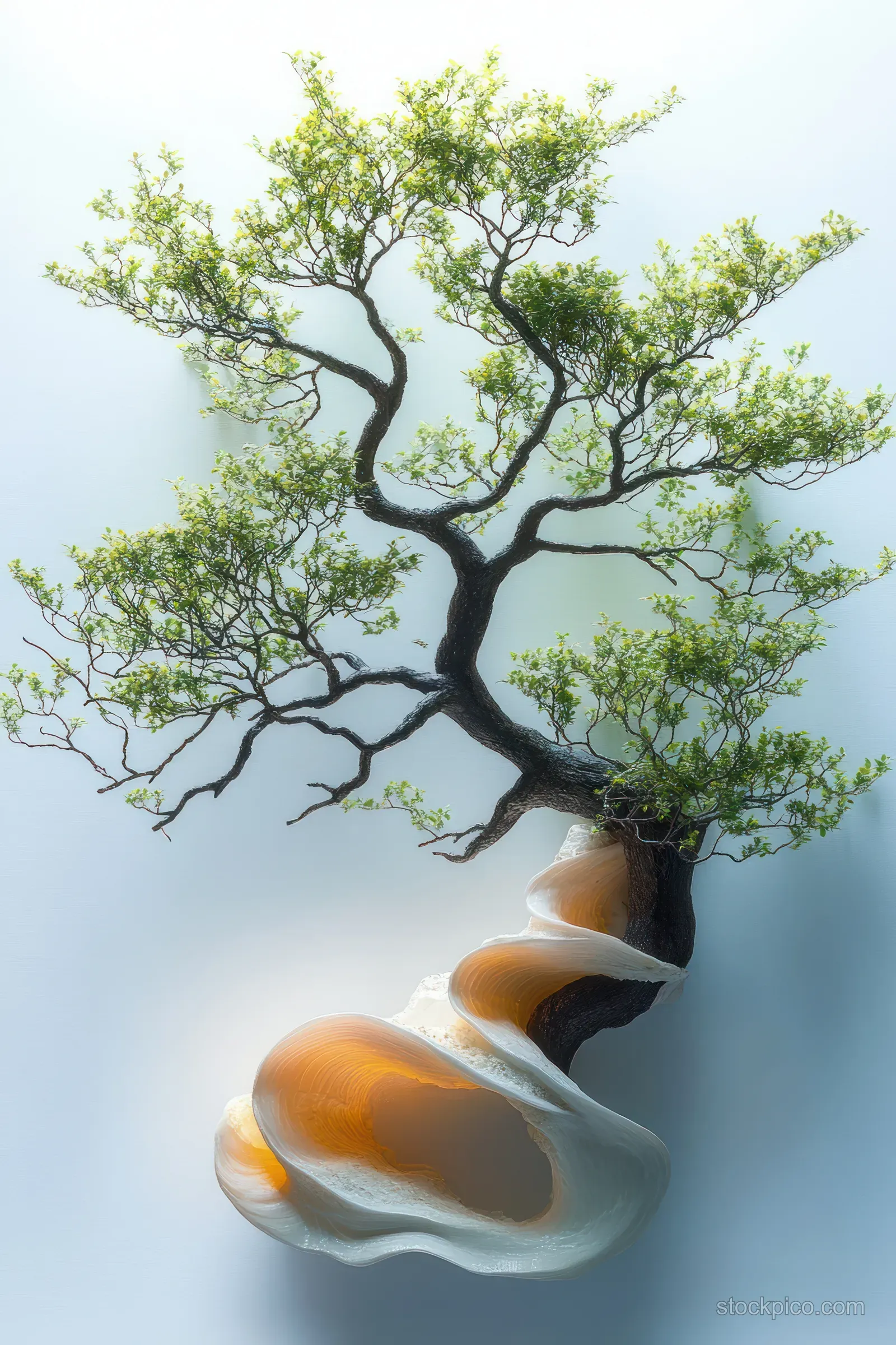 A small tree with green leaves grows from a large spiral seashell on a pale background.