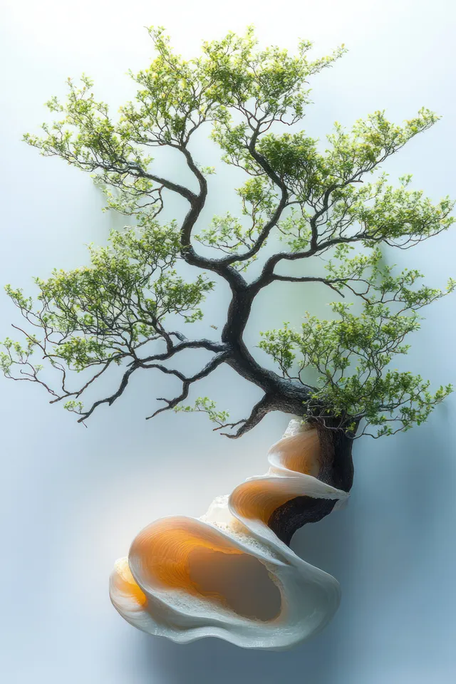 Small tree with green leaves growing from a spiral seashell