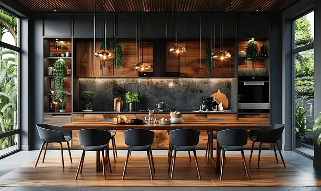 A black dining set sits before a modern kitchen with dark gray wall cabinets and warm wooden finishes.