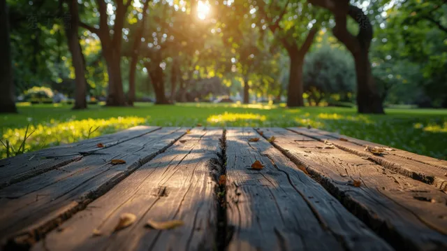 Rustic wooden table foreground with softly blurred sunny backyard BBQ lawn, trees, and warm sunlight.