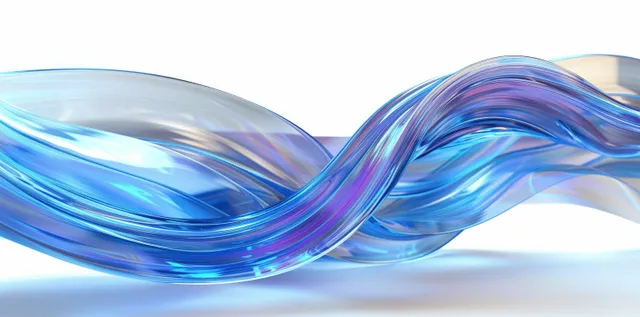 Iridescent blue glass ribbon curves across a bright abstract background with soft refraction