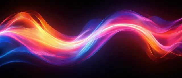 Colorful neon light wave ribboning across a dark background, blending orange, pink, purple, blue