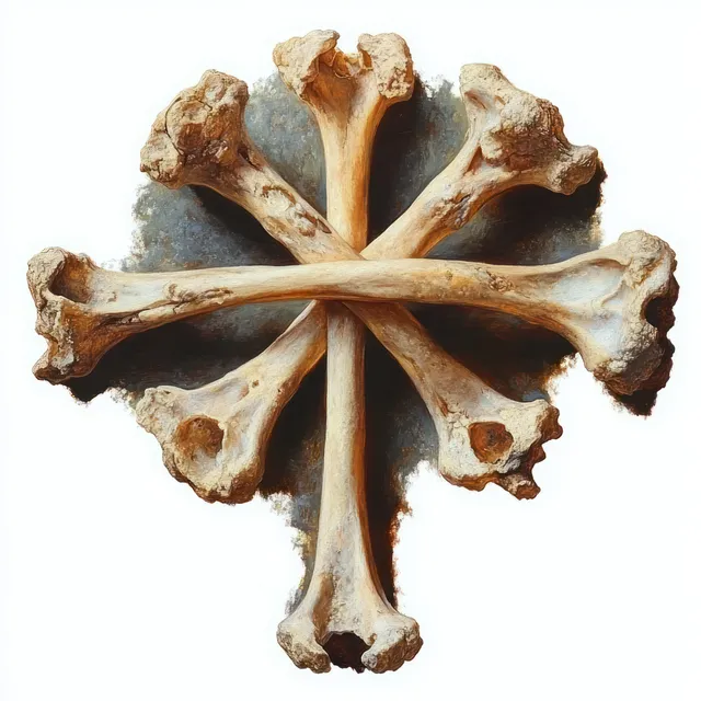 Eight weathered bones arranged radially into a cross on a neutral background.