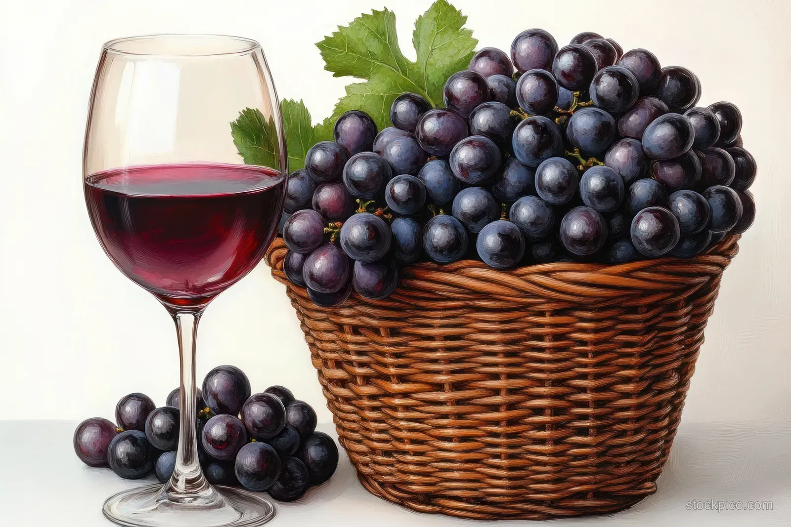 Red wine glass beside a wicker basket filled with dark purple grapes and grape leaves on a light background.