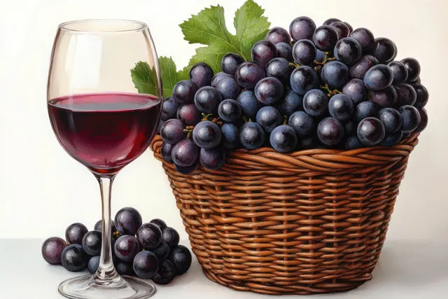 Red wine glass beside a wicker basket filled with dark purple grapes and grape leaves on a light background.