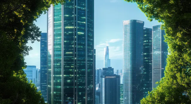 Skyscrapers rise through green tree foliage, reflecting blue daylight in a modern downtown skyline