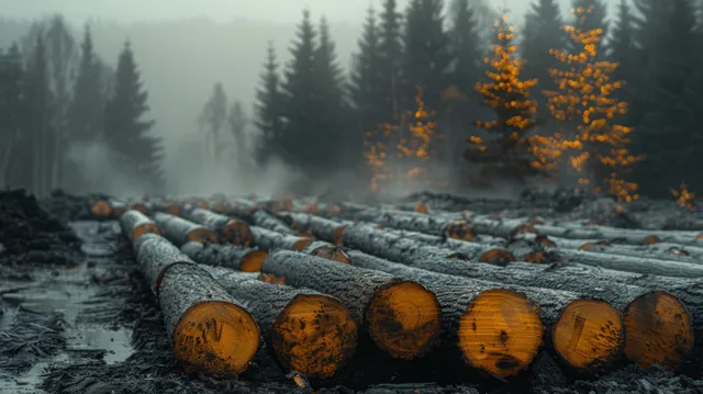 A stack of cut wooden logs sits in foggy pine forest, with misty trees fading into the background.