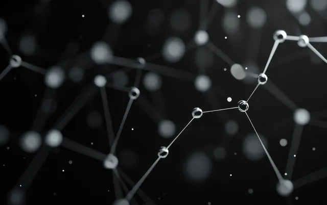 Glowing spherical nodes connected by thin lines forming a complex network on a dark background.