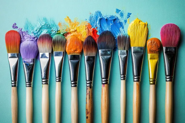 A row of paintbrushes with colored bristles arranged against a pastel blue background.