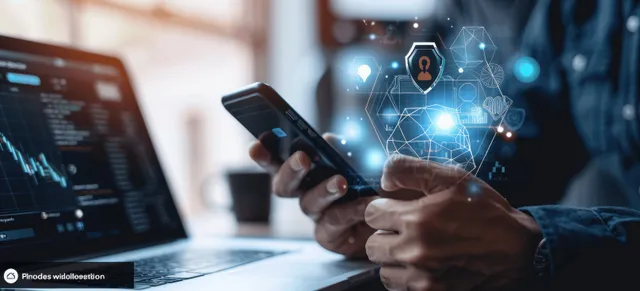 Hand holding smartphone while accessing encrypted network security on a laptop