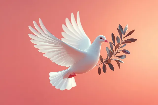 White dove flying with an olive branch in its beak against a peach pink gradient background.
