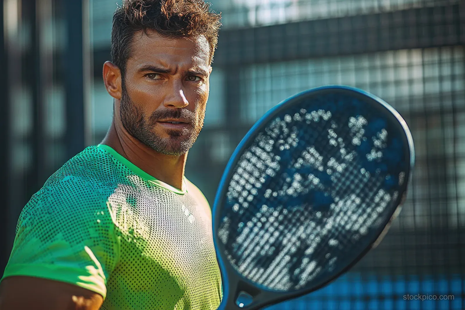 A focused male padel player in a neon green shirt holds a paddle racket on an outdoor court near a net.