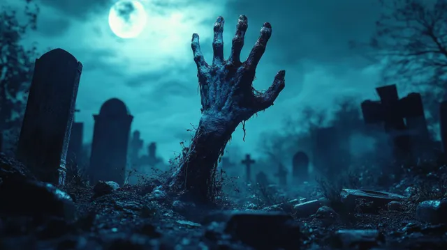Decayed hand rising from dark soil in a haunted graveyard under a full moon
