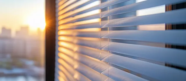 Sunrays pass through window blinds, casting warm striped shadows across a bright interior.