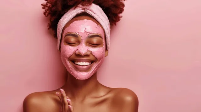 Smiling African American woman wearing pink clay mask on pastel background