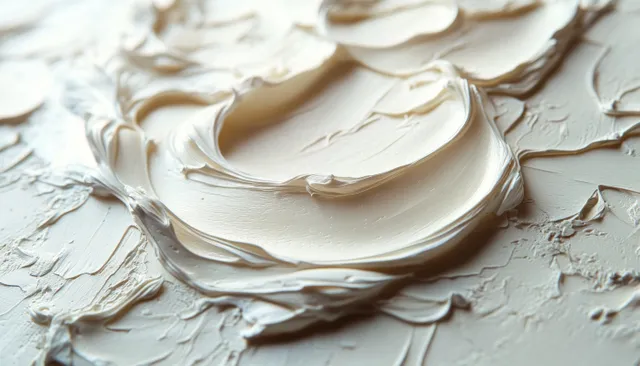 Thick white skincare foam swirls on textured plaster background