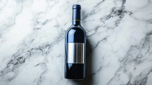 Dark glass bottle with a blank silver label and black cap sitting on white marble with gray veining.