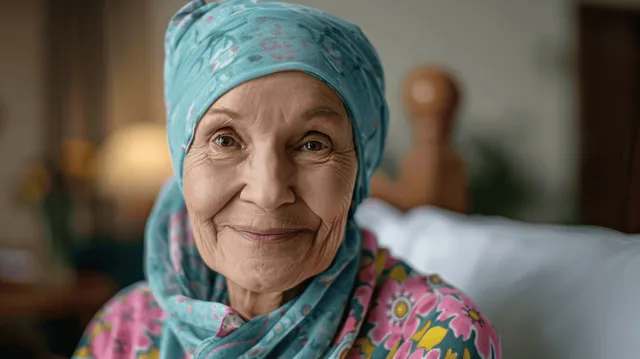 Smiling elderly woman in blue headscarf sitting in a softly lit hospital room