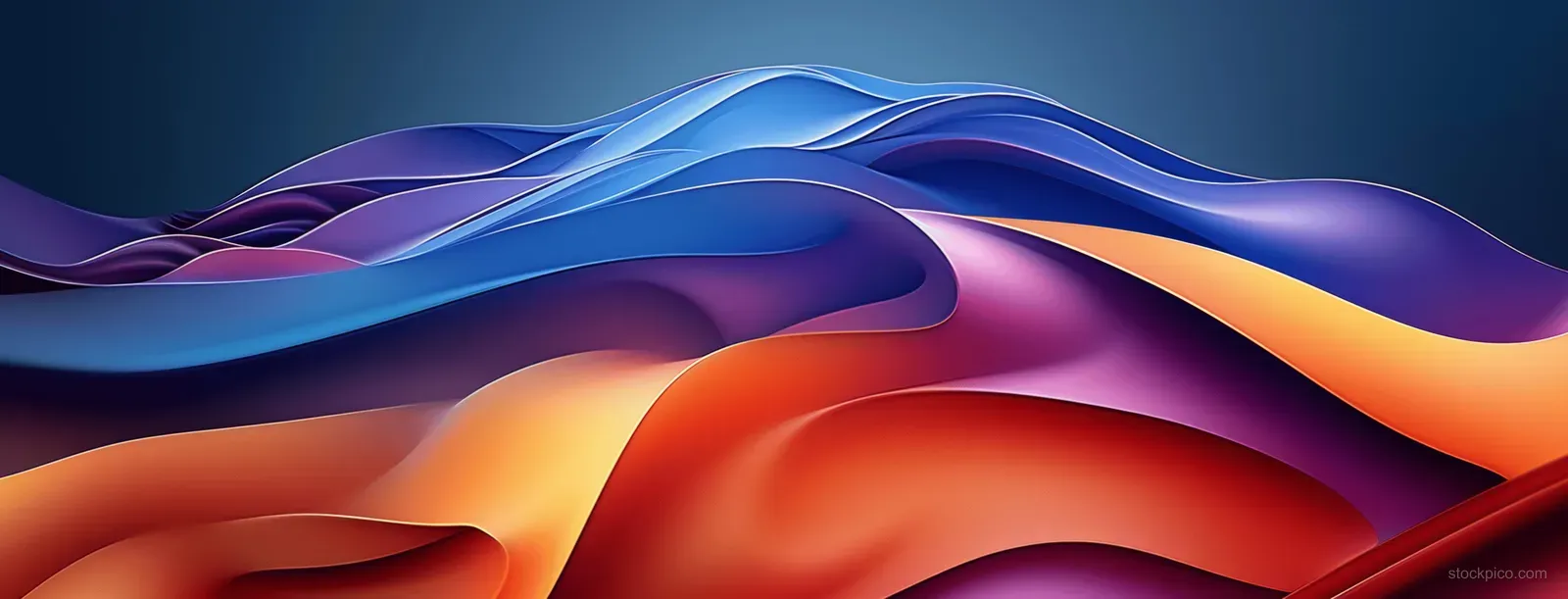Neon blue, purple, and orange waves sweep across a dark gradient background with smooth glowing curves.