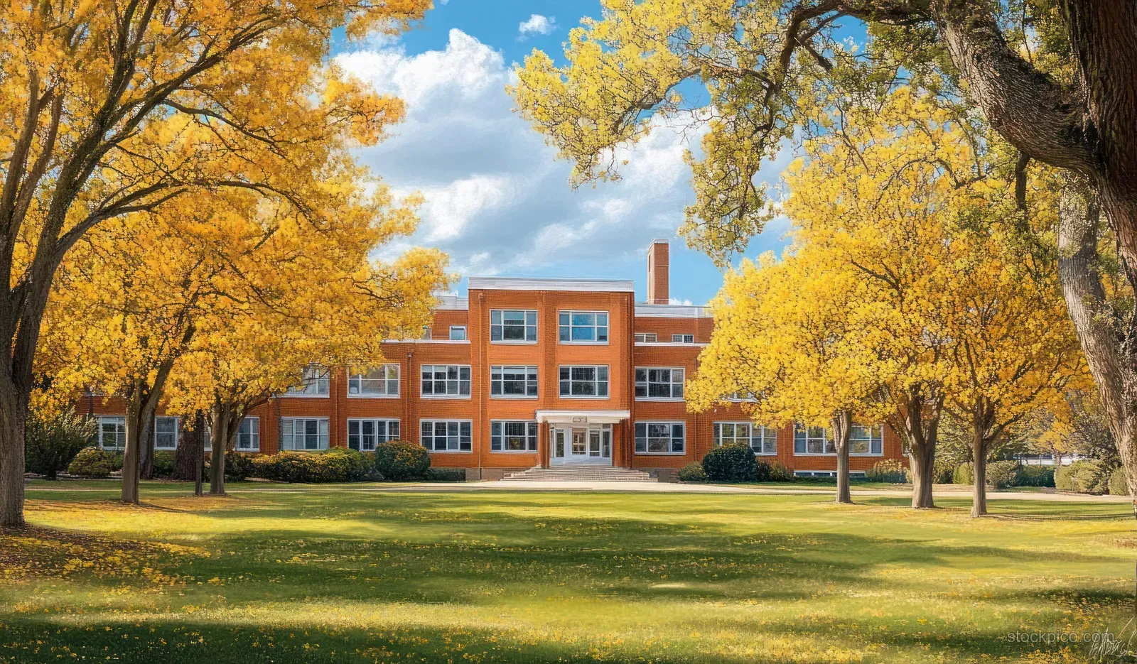 Red brick institutional building sits behind a green lawn framed by golden autumn trees under a blue sky with clouds.