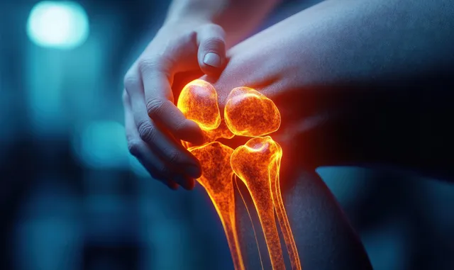 Hand pressing knee while glowing internal bones visualize joint pain and injury with Medical Illustration Style