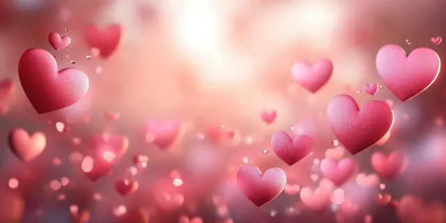 Pink glowing hearts and defocused bokeh lights float over a soft rose gradient background with sparkles.