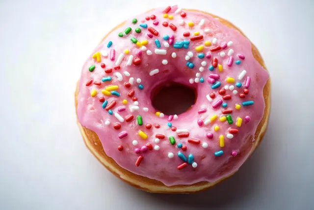 Pink-glazed doughnut with rainbow sprinkles centered on a clean white surface.