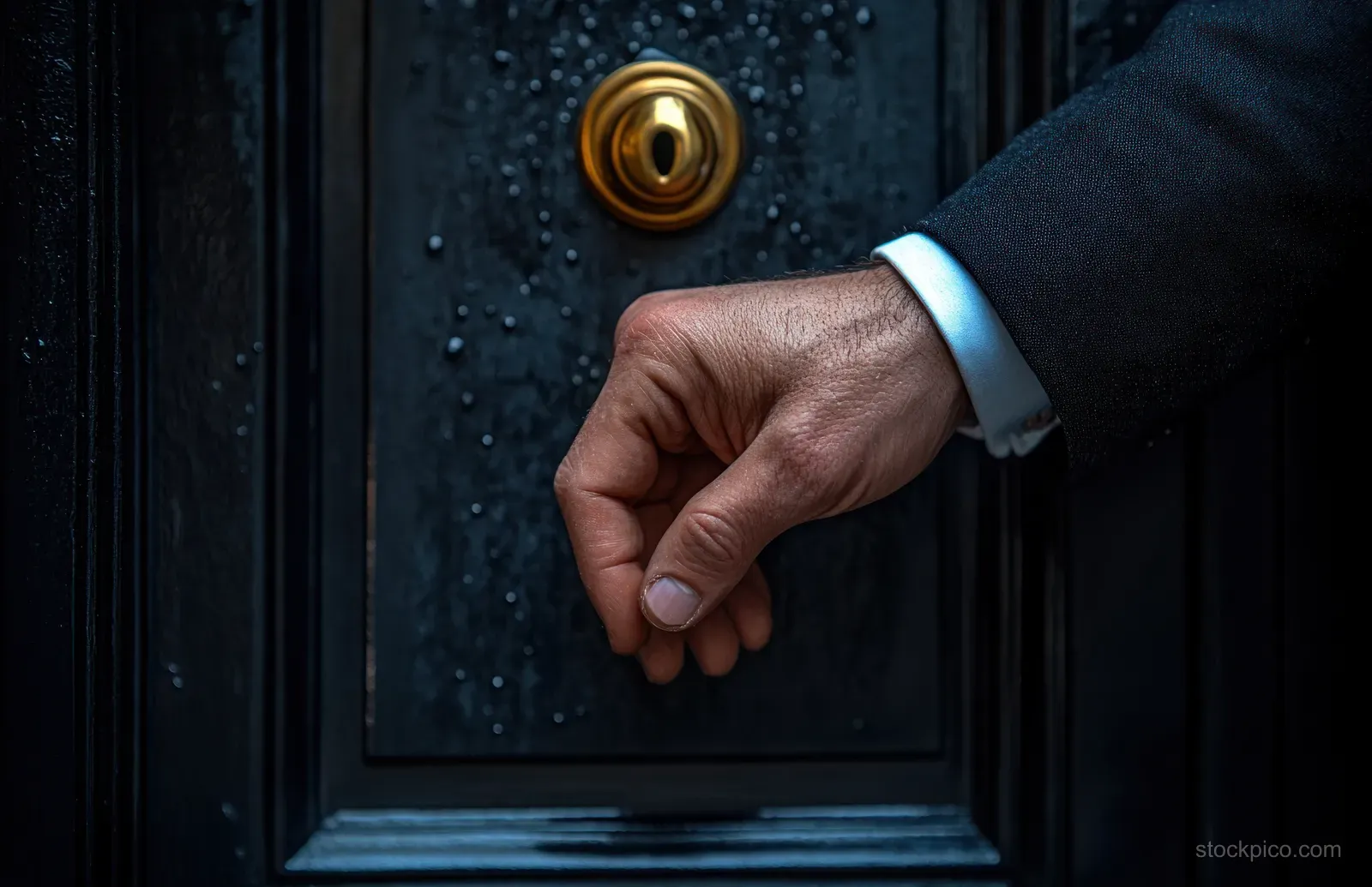 Close-up of a businessman’s hand knocking on a black door with a brass lock.