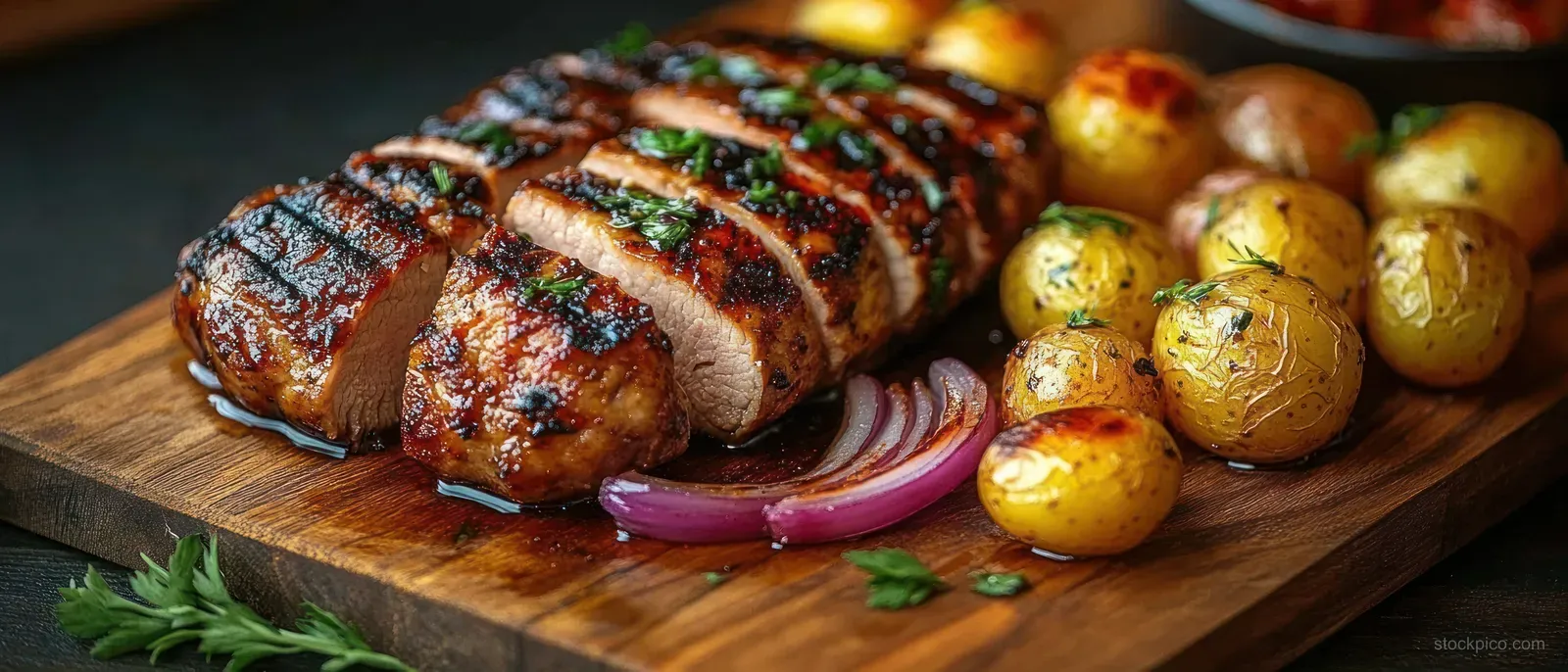 Sliced grilled meat with herbs on a wooden board beside roasted baby potatoes and caramelized onions.