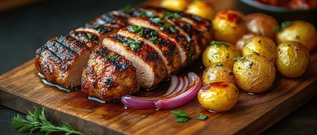 Sliced grilled meat with herbs on a wooden board beside roasted baby potatoes and caramelized onions.