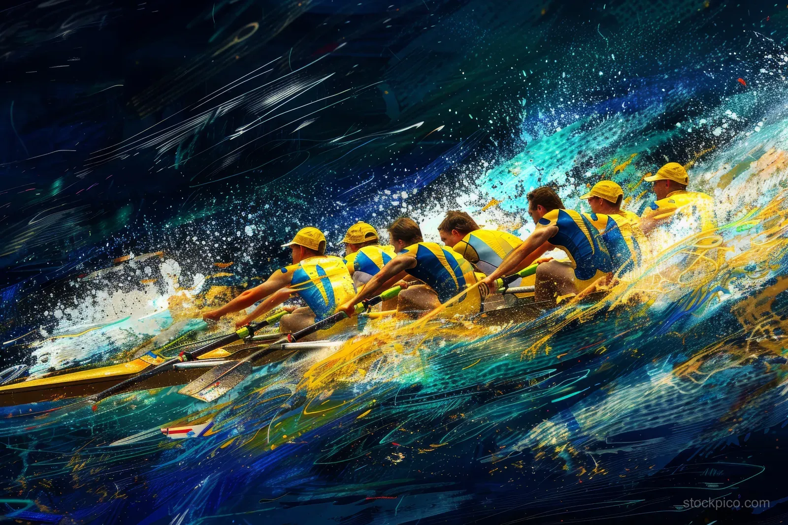 Australian men’s eight rowers surge forward in a stylized splash of blue water and yellow uniforms.