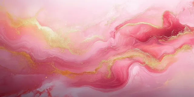 Pink marble abstract with glowing gold veining, soft swirls, and glossy surface background