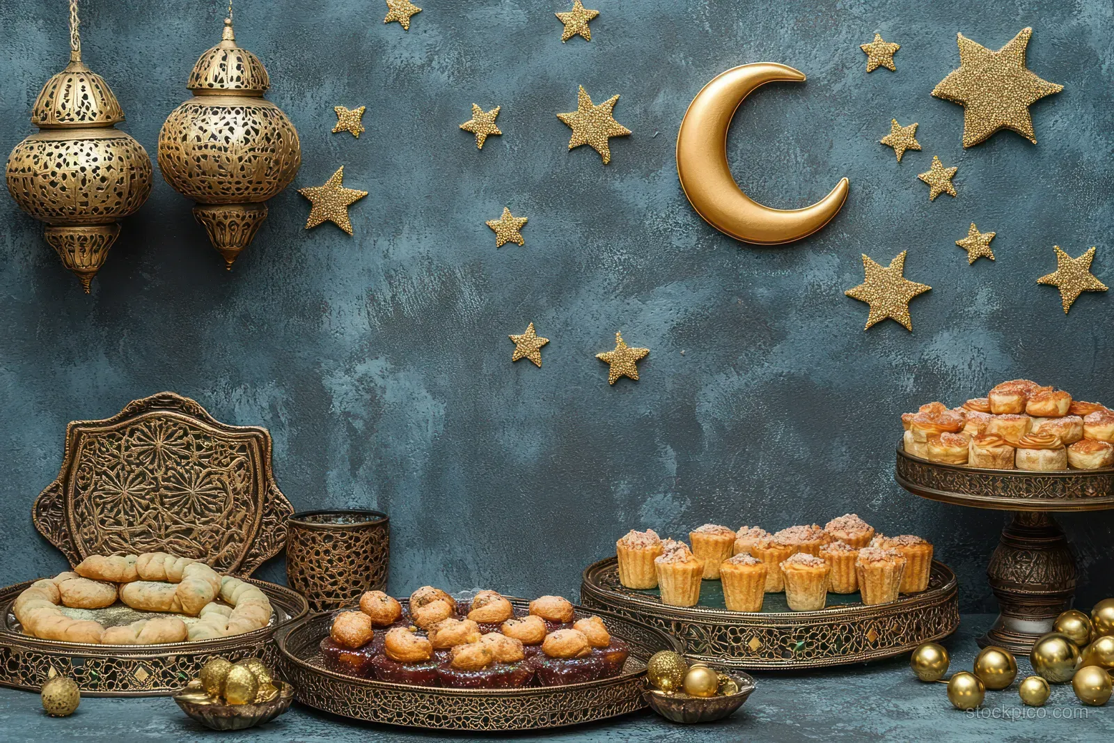 Overhead Ramadan dessert spread with dried dates, pastries, and golden crescent-and-star decorations on a textured blue tablecloth.