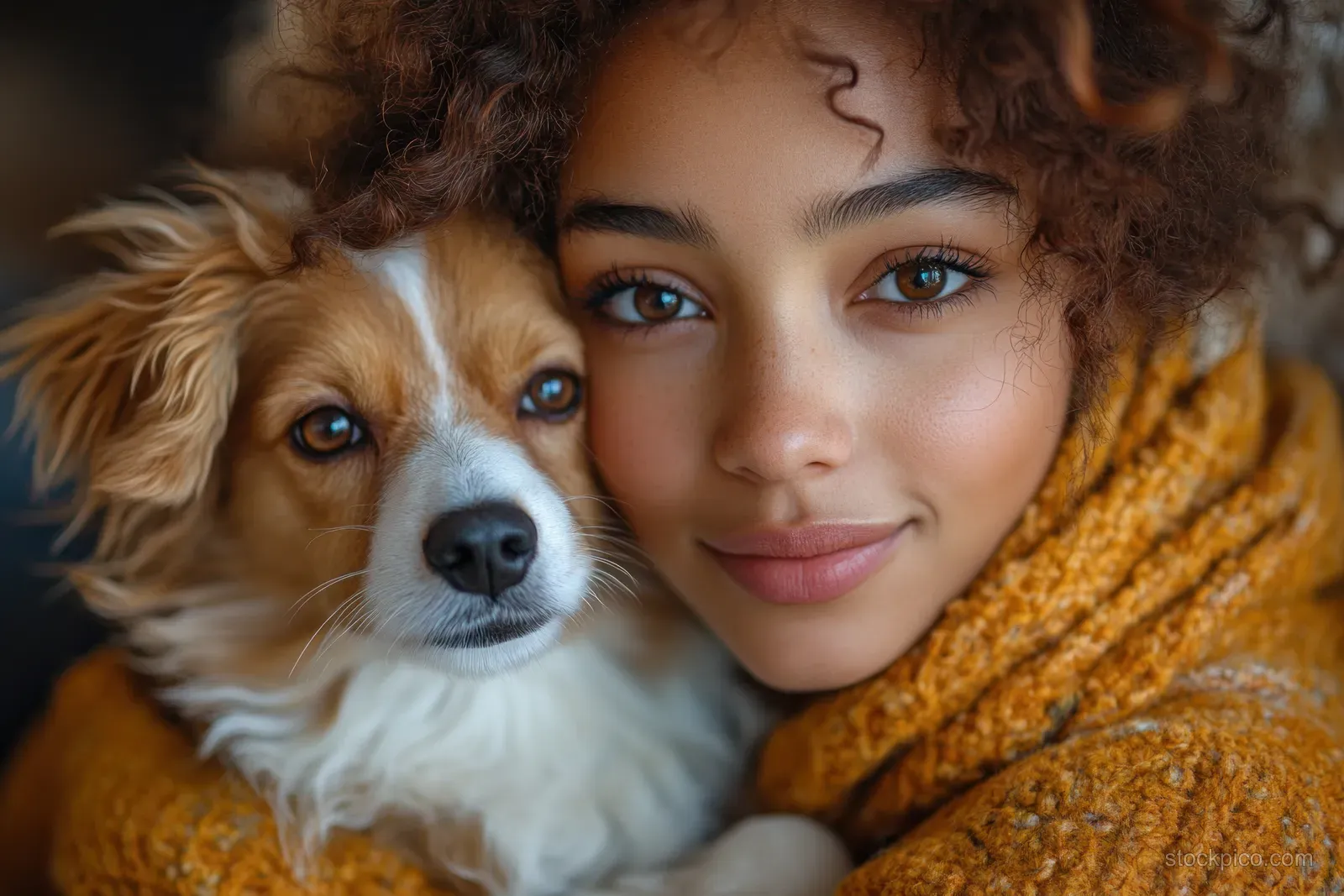 Young woman cuddles a small Shiba Inu in a warm studio portrait with a vibrant yellow background.